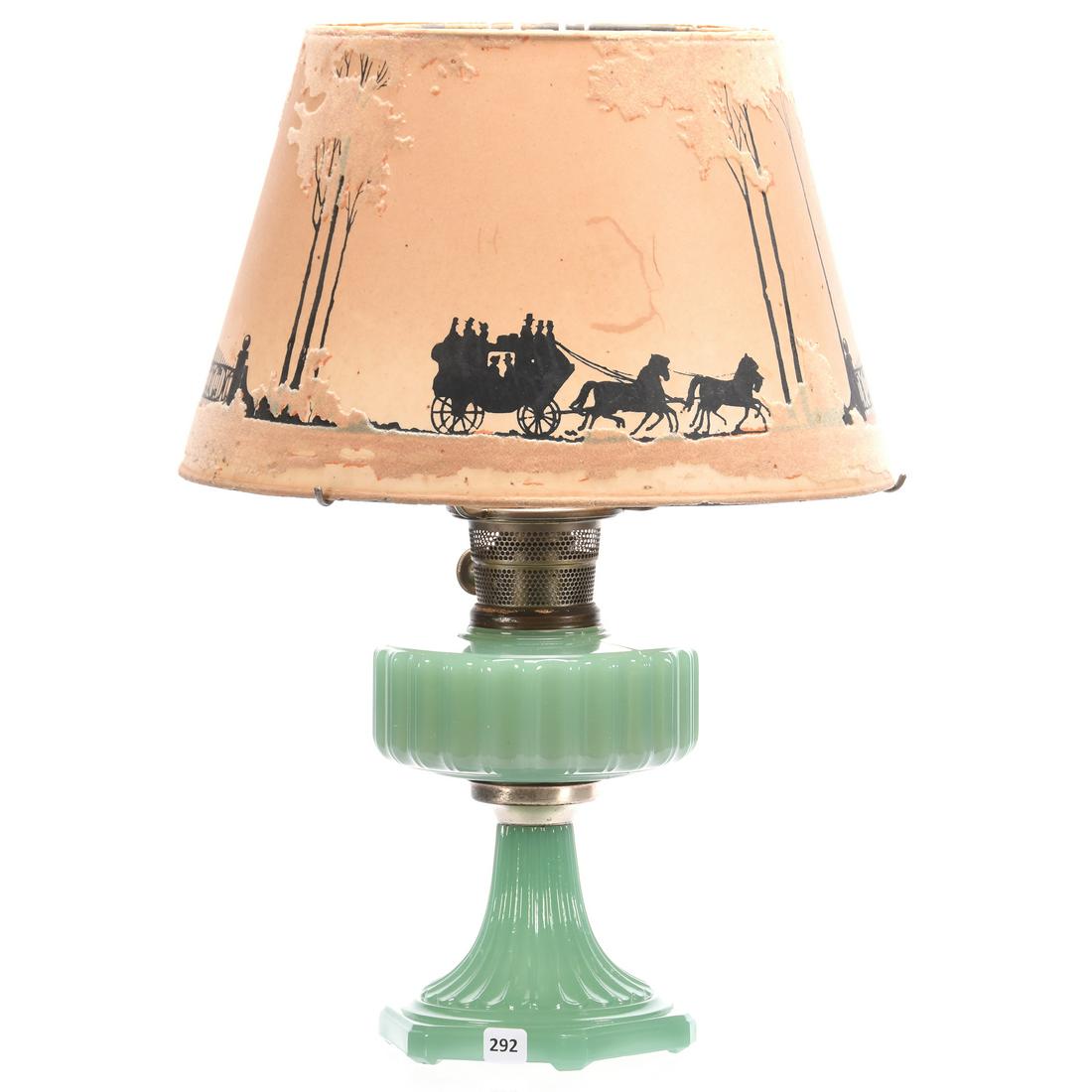 For Auction Aladdin "Corinthian" Green Moonstone Kerosene Lamp (292) on Sep 07, 2019 Woody