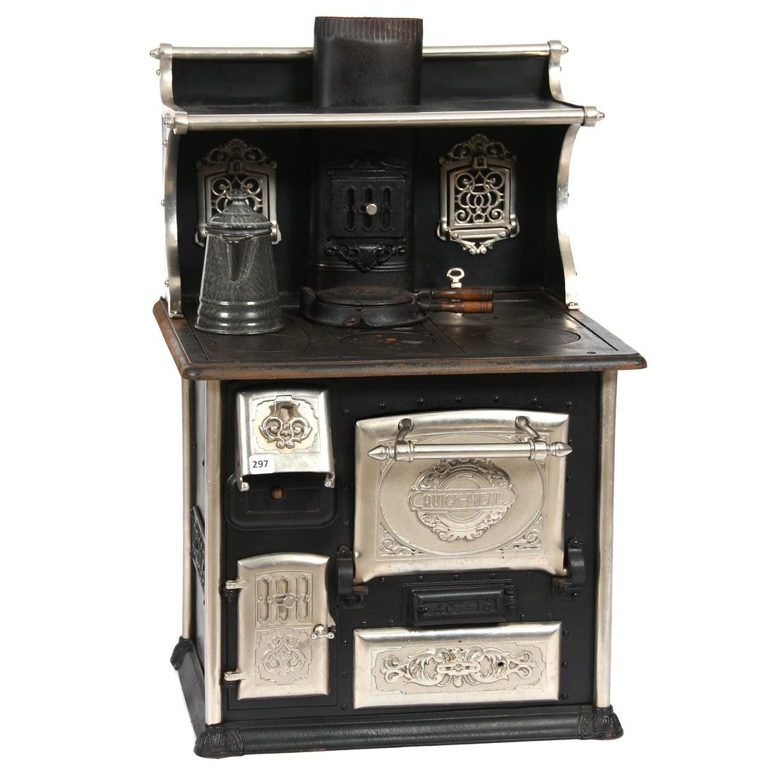 Quick Meal Model 407-16 Salesman Sample Cook Stove: Quick Meal Model 407-16 Salesman Sample Cook Stove, 26" X 17" X 15, Exact Detail to Original Cook Stove, Chrome Trim, Missing One Cover Plate, with 5.5" Granite Ware Pitcher, Also Includes Quick Meal 