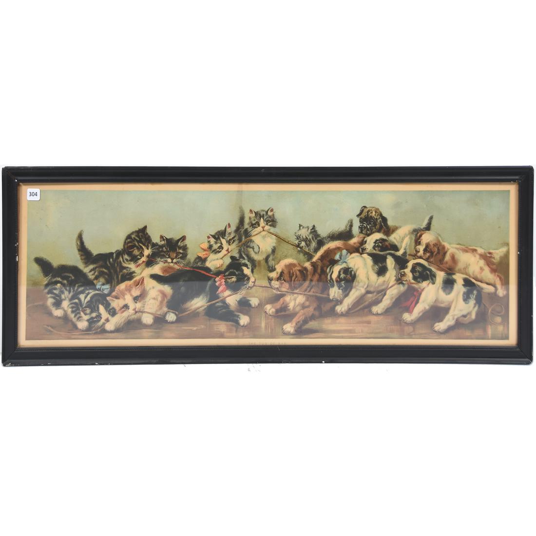 Framed Yard Long Print "The Tug of War" Circa 1902: Framed Yard Long Print "The Tug of War" Circa 1902, 37.5" X 11.75" Scene of Seven Kittens & Seven Puppies at "War"