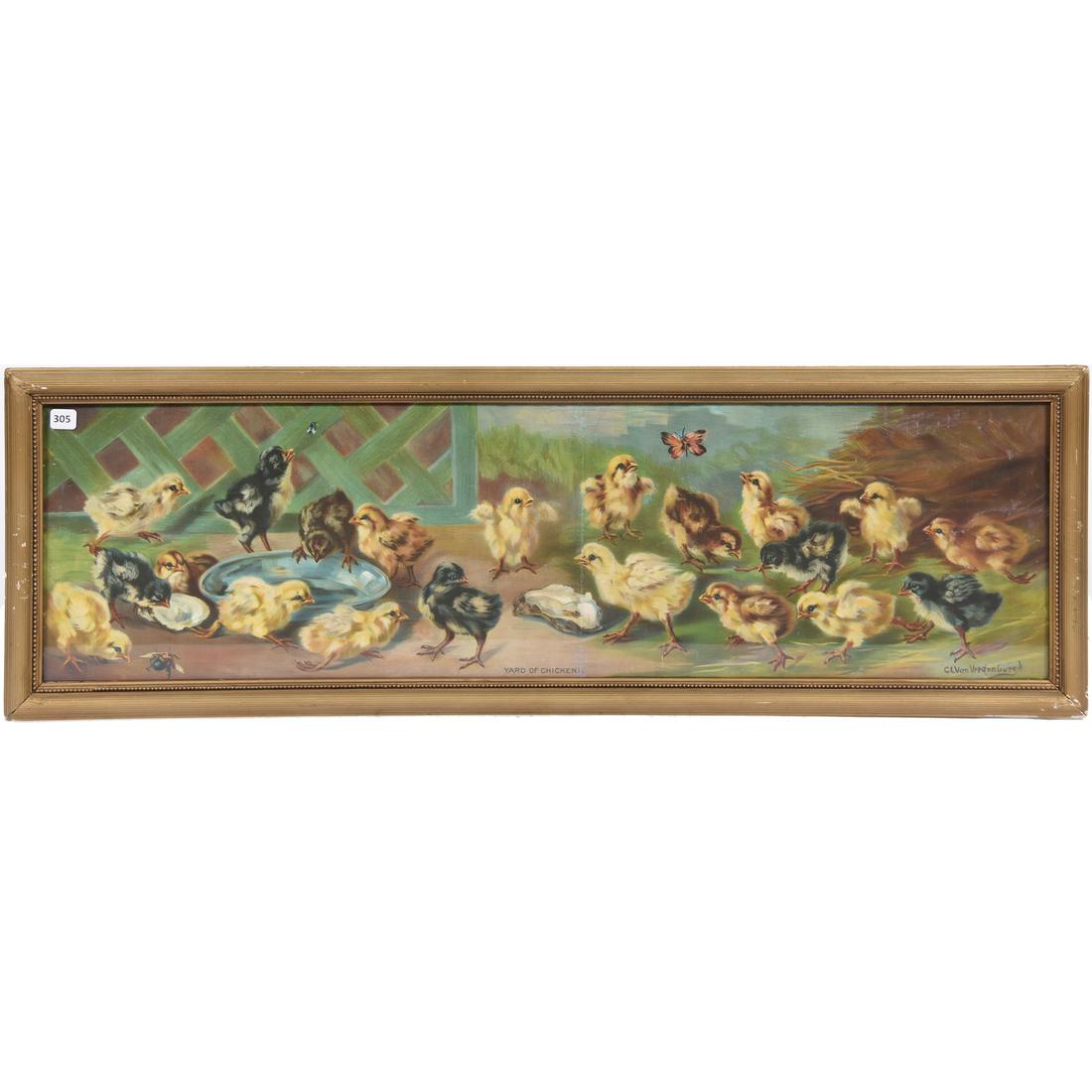 Framed Yard Long Print by C.L. Vanvredenburgh: Framed Yard Long Print by C.L. Vanvredenburgh, 37.5" X 12.5" Titled "Yard of Chickens" Scene Features 21 Chicks Chasing Insects