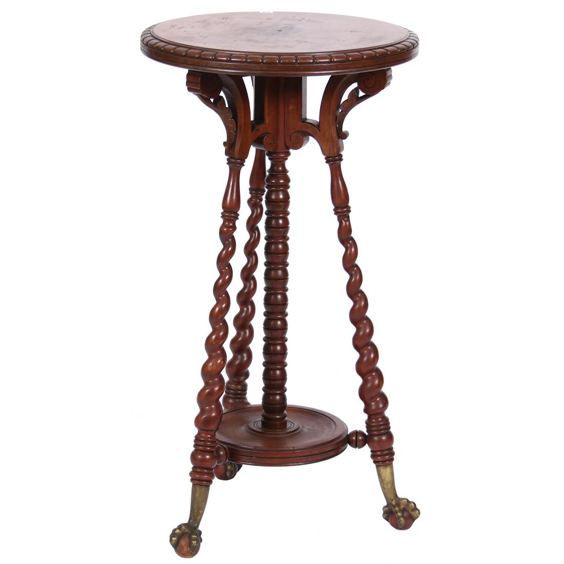 Large Walnut Three Leg Fern Stand: Large Walnut Three Leg Fern Stand, 33" X 18" Carved Spiral Column & Legs with Brass Claw & Wooden Ball Feet