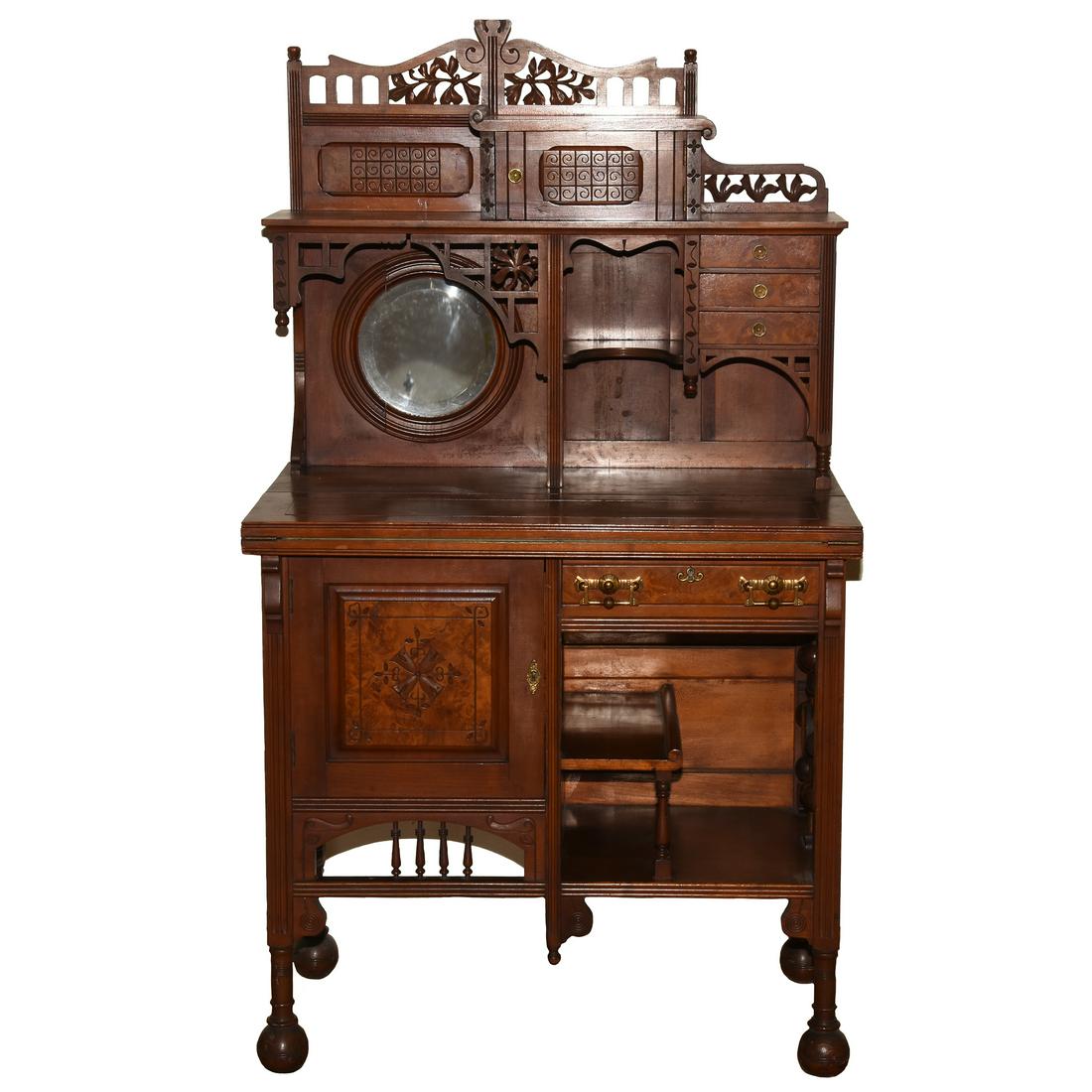 Burl Walnut Ladies Writing Desk: Burl Walnut Lady's Writing Desk, 54" X 34" X 21" Round Beveled Mirror, Various Drawers, and Compartments, Fold Out Desk with Felt Writing Surface, Stick & Ball Highlights, Nice Desk!