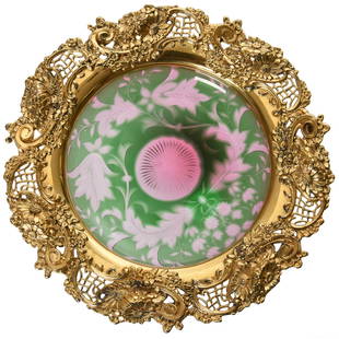 Novelty Dish, Stevens & Williams: Novelty Dish by Stevens & Williams, BPCG, 7" Green Cut to Rose Overlay with Engraved Floral & Leaf Design; Elaborate Gilded & Embossed Sterling Silver Rim with Floral & Reticulated Design by Mauser