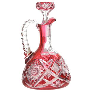 Ship's Decanter by Val St. Lambert: Ship's Decanter by Val St. Lambert, BPCG, 9.5" Cranberry Cut to Clear, Design #3863/17, Circa 1908, Flat Base, Matching Numbers on Bottle & Stopper; Hobstar Base, Pattern Cut Stopper, Interior Base