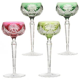 (4) Wine Stems, Val St. Lambert: (4) Wine Stems by Val St. Lambert, BPCG, 7.75" Epinal Pattern, Circa 1906; (1) Deep Cranberry; (2) Green; (1) Chartreuse; Scalloped Hobstar Base, Notched Hollow Stem