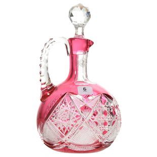 Decanter, Val St. Lambert: Decanter by Val St. Lambert, BPCG, 8.75" Cranberry Cut to Clear, Dominique Pattern, Circa 1900, Hobstar Base, Triple Notched Handle, Matching Numbers on Bottle & Stopper