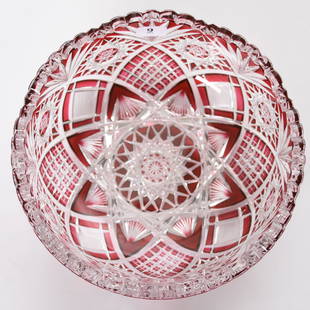 Bowl, Val St. Lambert: Bowl by Val St. Lambert, BPCG, 3.5" X 8" Cranberry Cut to Clear, Unidentified Design Features Hobstar, Crosscut Diamond, Strawberry Diamond & Fan Motif