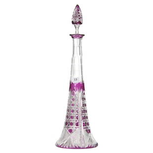 Decanter, Val St. Lambert: Decanter by Val St. Lambert, BPCG, 17.75" Amethyst Cut to Clear, Design HF-303, Circa 1908, Pyramid Shaped; Pattern Cut Stopper, Hobstar Base