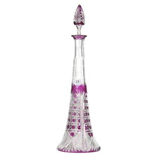 Decanter, Val St. Lambert: Decanter by Val St. Lambert, BPCG, 17.75" Amethyst Cut to Clear, Design HF-303, Circa 1908, Pyramid Shaped; Pattern Cut Stopper, Hobstar Base