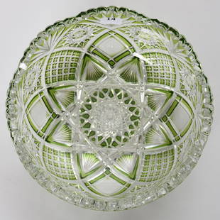 Bowl, Val St. Lambert: Bowl by Val St. Lambert, BPCG, 3.5" X 8" Green Cut to Clear, Unidentified Design Features Hobstar, Crosscut Diamond, Strawberry Diamond & Fan Motif