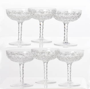 (6) Champagne Glass, Val St. Lambert: (6) Champagne Glass by Val St. Lambert, 4.25" Richard Pattern, Clear with Diamond Cut Stem, Ray Base