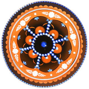 Cake Stand, Val St. Lambert: Extremely Rare Cake Stand by Val St. Lambert, BPCG 4.75" X 15.5" Cynthia Pattern, Tri Color Cobalt Blue to Amber to Clear; Engraved Floral with Bullseye & Spoke Highlights, Cut on Top and Underside;