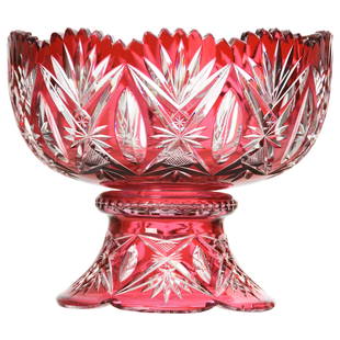 Punch Bowl, Val St. Lambert: Punch Bowl by Val St. Lambert, BPCG, 8" X 9.75" Cranberry Cut to Clear, Design 3247/17, Circa 1908; Two Part with Matching Base