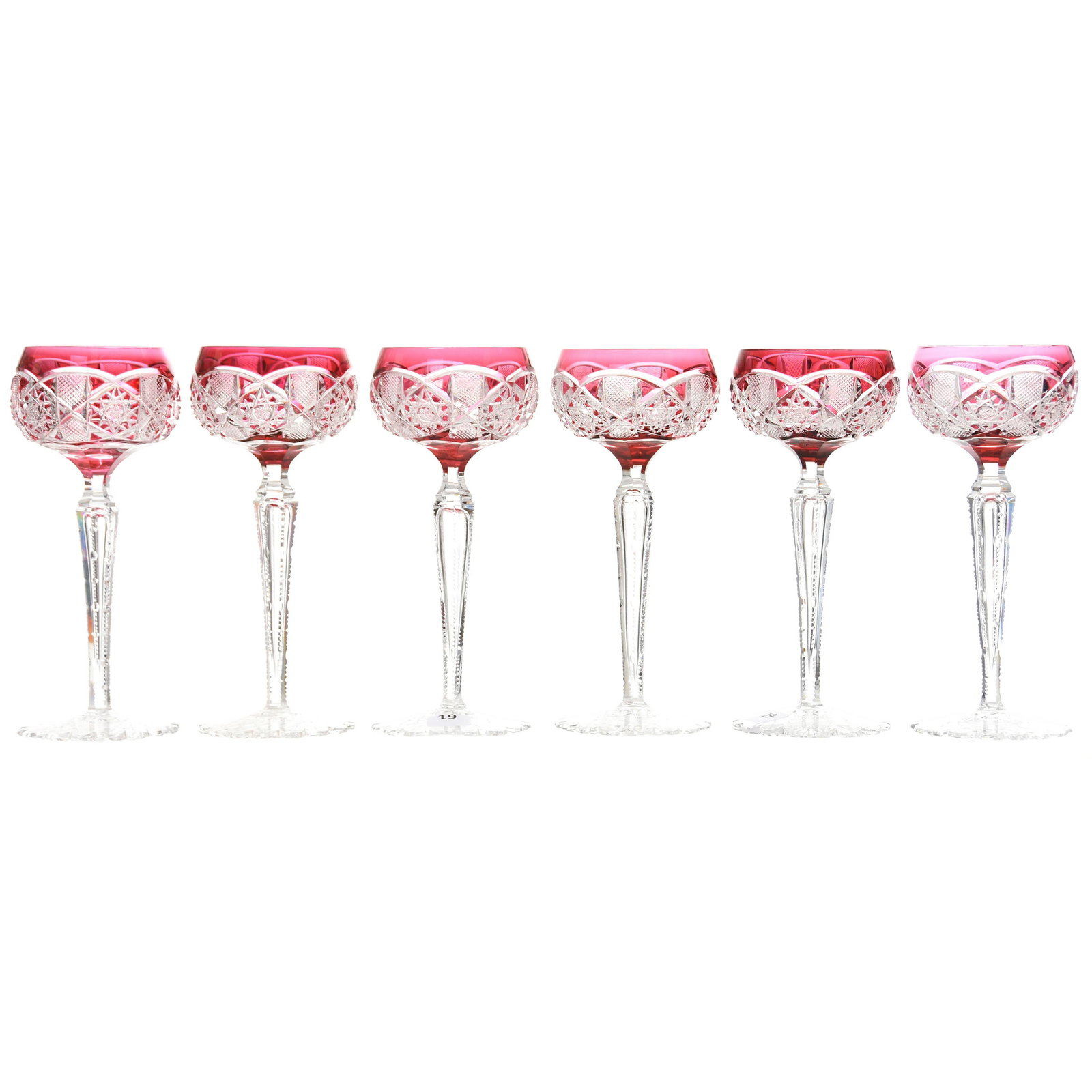 (6) Wine Stems, Val St. Lambert: (6) Wine Stems by Val St. Lambert, BPCG, 7.5" Cranberry Cut to Clear, Saarbrucken Pattern, circa 1905, Notched Hollow Stem, Scalloped Hobstar Foot