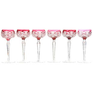 (6) Wine Stems, Val St. Lambert: (6) Wine Stems by Val St. Lambert, BPCG, 7.5" Cranberry Cut to Clear, Saarbrucken Pattern, circa 1905, Notched Hollow Stem, Scalloped Hobstar Foot