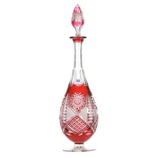 Footed Decanter, Val St. Lambert: Footed Decanter by Val St. Lambert, BPCG, 16" Cranberry Cut to Clear, Design HF-173, Balmoral Shape, circa 1908, Ray Cut Foot, Pattern Cut Stopper, Matching Numbers on Bottle & Stopper