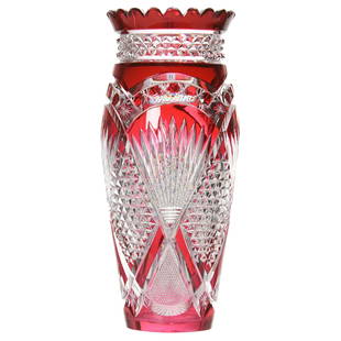 Vase, Val St. Lambert: Vase by Val St. Lambert, BPCG, 14" Fantastic Cranberry to Clear, Andover Pattern , circa 1900, Identical Vase Featured in Rarities Book with Dorflinger Label