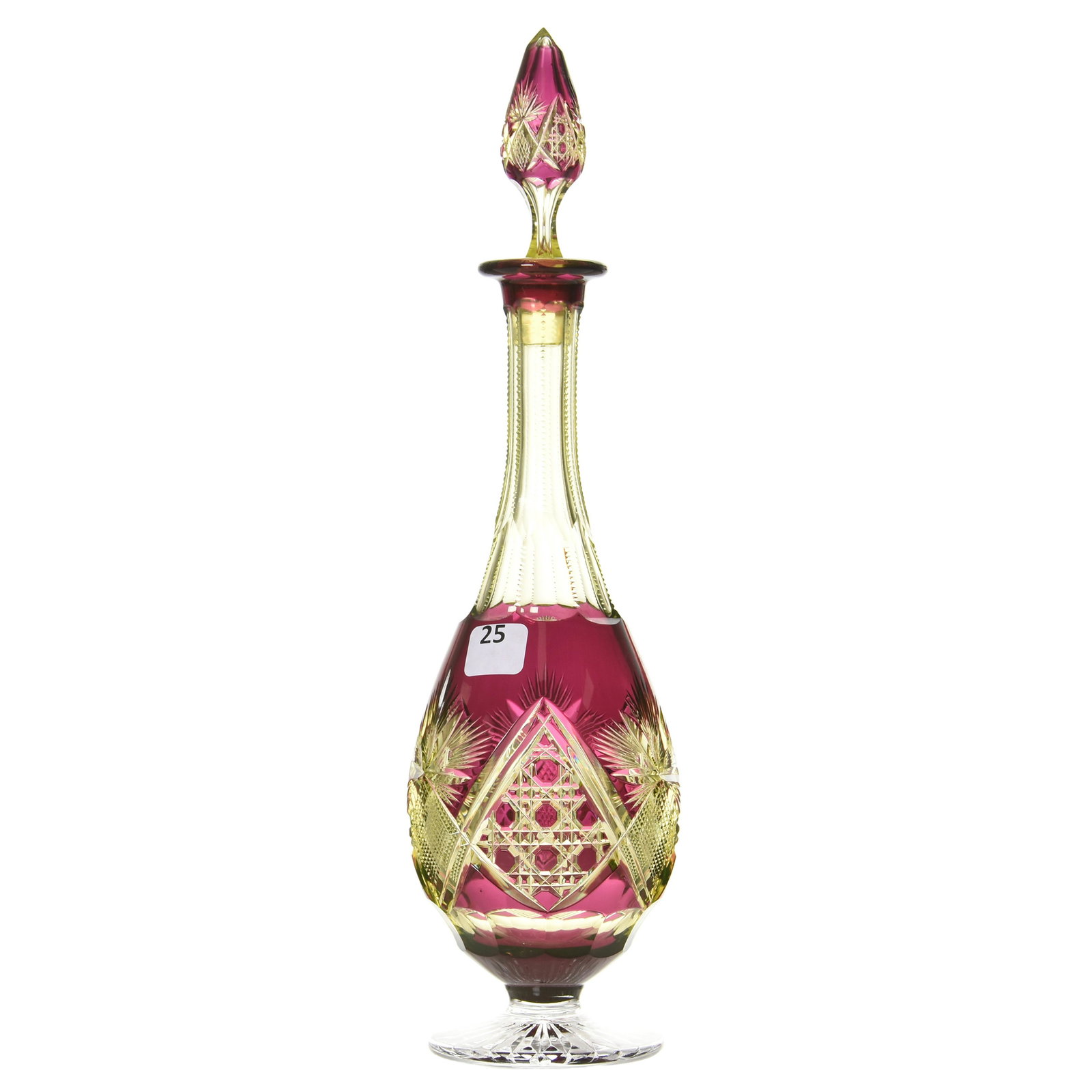 Pedestal Decanter, Val St. Lambert: Rare Pedestal Decanter by Val St. Lambert, BPCG, 13.25" Amethyst Cut to Vaseline, Aegean Pattern, Balmoral Shape, Clear Ray Cut Foot, Pattern Cut Stopper; Matching Numbers on Bottle & Stopper