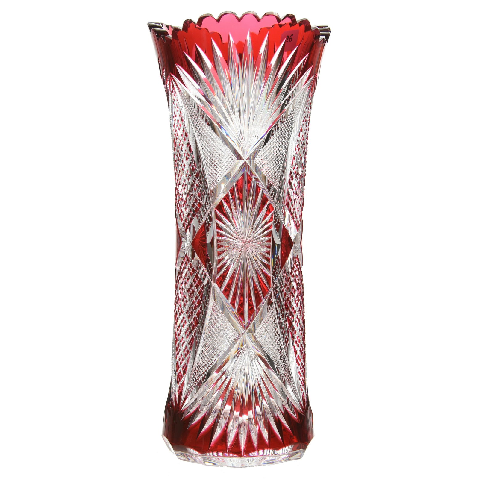 Vase, Val St. Lambert: Vase by Val St. Lambert, BPCG, 14" Cranberry Cut to Clear, Methuen Pattern, circa 1900, Original Val Label, Ray Cut Base, Great Color!