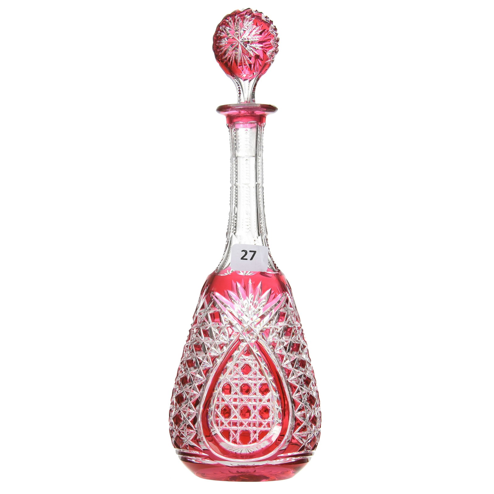 Decanter, Val St. Lambert: Decanter by Val St. Lambert, BPCG, 11.25" Cranberry Cut to Clear, Tosca Pattern, circa 1908, Pattern Matched Stopper