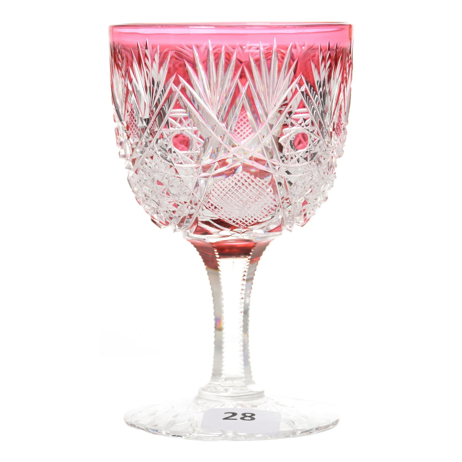 Wine Glass, Clark, ABCG: Wine Glass by Clark, ABCG, 4.75" Cranberry Cut to Clear, Baker's Gothic Pattern, Hobstar Foot; Nice - minor base flake on bottom surface