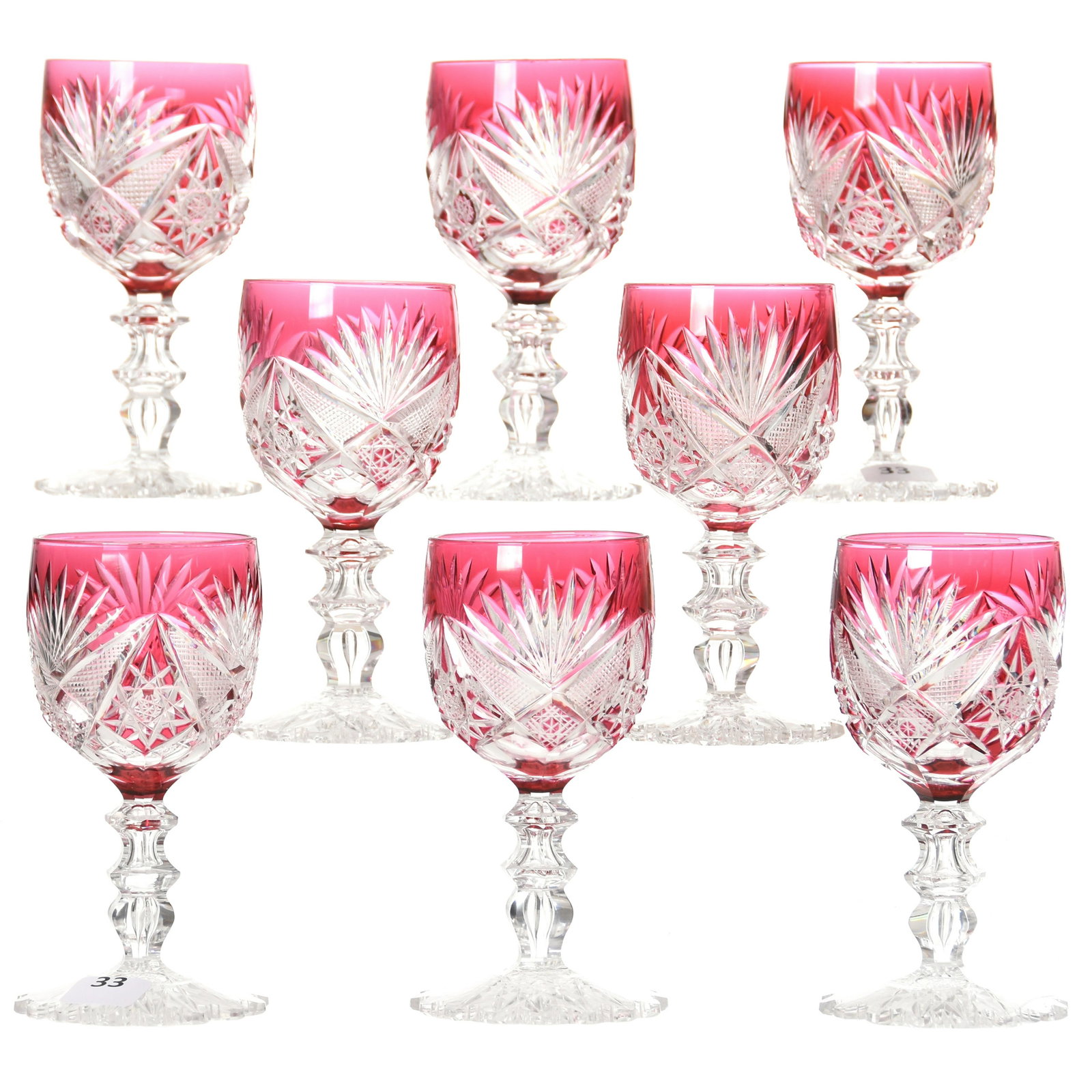 (8) Wine Stems, Val St. Lambert: (8) Wine Stems by Val St. Lambert, BPCG, 5.25" Cranberry Cut to Clear, Florida Pattern, circa 1900, Apple Core & Tear Drop Stem, Scalloped Hobstar Foot