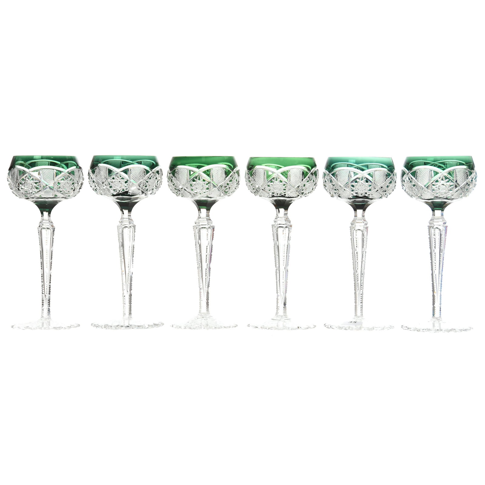 (6) Wine Stems, Val St. Lambert: (6) Wine Stems by Val St. Lambert, BPCG, 7.75" Green Cut to Clear, Saarbrucken Pattern, circa 1905, Notched Hollow Stem, Scalloped Hobstar Foot