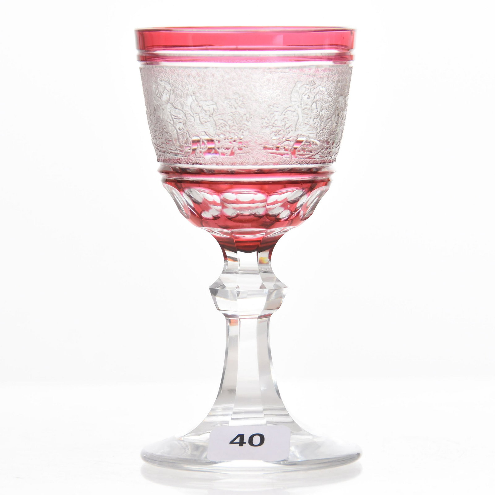 Wine Glass, Val St. Lambert: Wine Glass by Val St. Lambert, Acid Cut, 5.75" Cranberry Cut to Clear, Cherub Design, Clear Petticoat Foot
