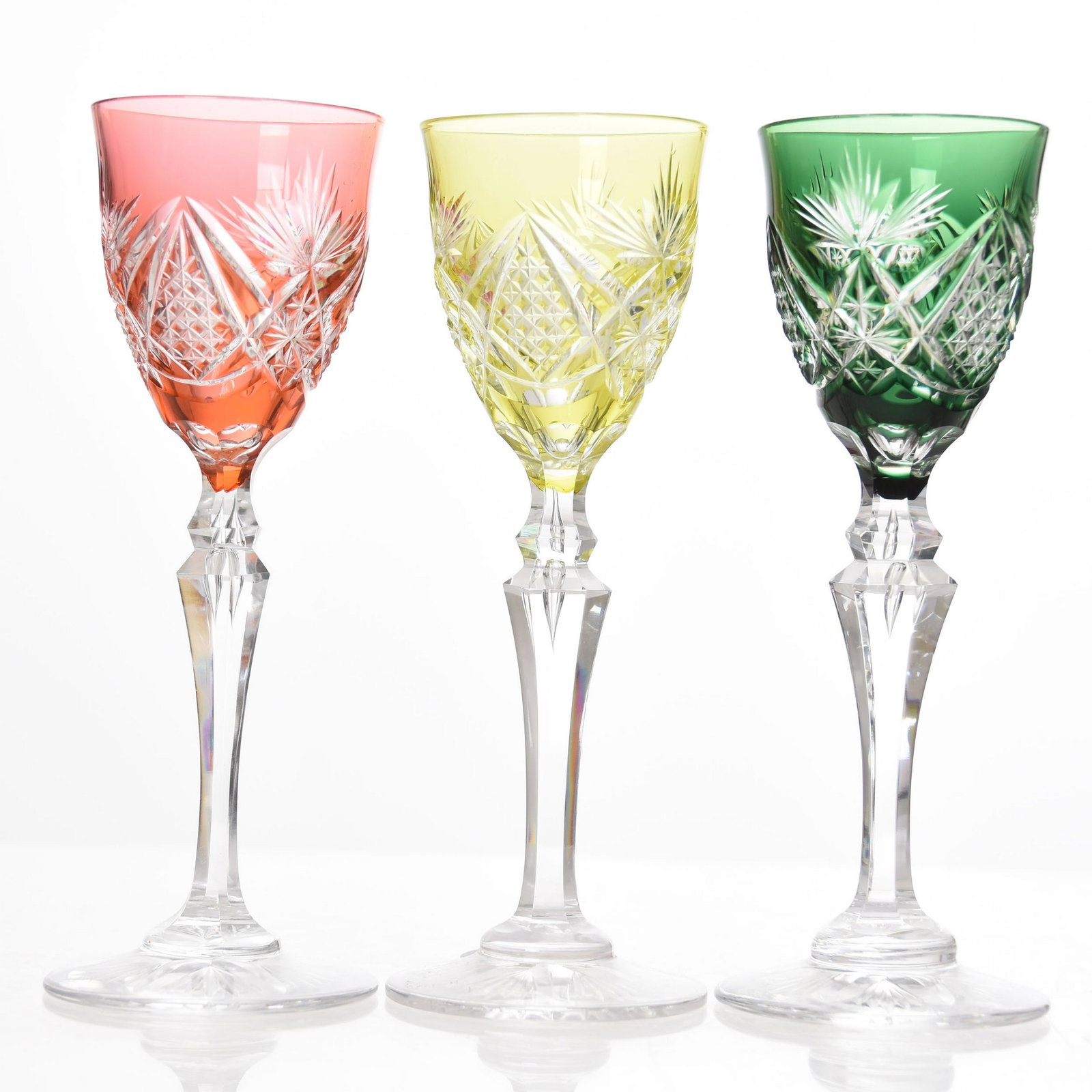 (3) Cordial Stems, Val St. Lambert: (3) Cordial Stems by Val St. Lambert, BPCG, 5.5" Carola Pattern, circa 1906, Saar Louis Shape; (1) Emerald; (1) Chartreuse; (1) Pink/Amber; Double Teardrop Stems