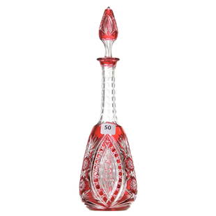 Cordial Decanter, Val St. Lambert: Cordial Decanter by Val St. Lambert, BPCG, 12" Cranberry Cut to Clear, Ariane Pattern, Circa 1908, Triangular Shape, Matching Numbers on Bottle & Stopper