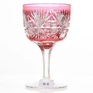 Wine Glass, Thomas B Clark, ABCG: Wine Glass by Thomas B Clark, Strawberry Diamond and Star Pattern, ABCG, 4.5" Cranberry Cut to Clear; Notched Stem, Hobstar Foot