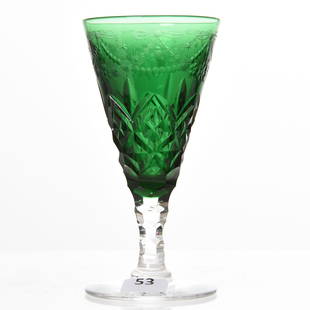 Wine Glass Val St. Lambert: Wine Glass by Val St. Lambert, BPCG, 5.75" Solid Emerald Body, Ballard Pattern, Circa 1920, Engraved Floral and Geometric Highlights, Clear Stem & Foot