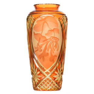 Vase Signed Val St. Lambert: Vase Signed Val St. Lambert Cameo Cut, BPCG, 9.5" Fantastic Amber Cut to Vaseline, Huy Pattern, Viennois Shape, Circa 1910, Three Panels of Engraved Floral Design with Geometric Highlights;