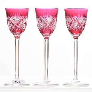 (3) Cordial Stems, Val St. Lambert: (3) Cordial Stems by Val St. Lambert, BPCG, 5" Cranberry Cut to Clear, Revere Pattern, Circa 1910, Clear Faceted Stem, Plain Base