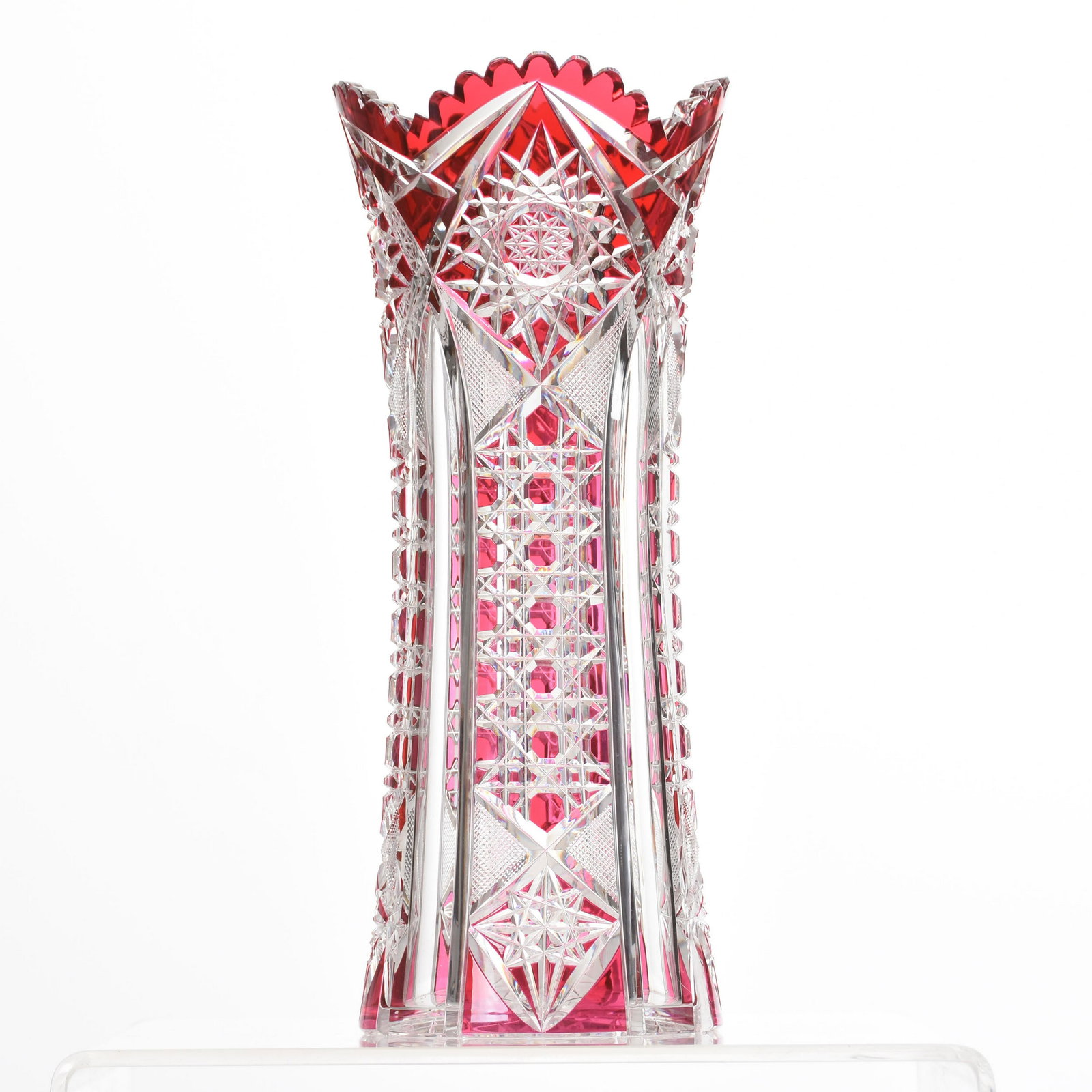 Vase, Val St. Lambert: Vase by Val St. Lambert, BPCG, 13.5" Cranberry Cut to Clear, Design HF-405, Shape 3385/17, Circa 1908, Hobstar Base; Well Cut; Has A Surface Ding Below Rim on Outside