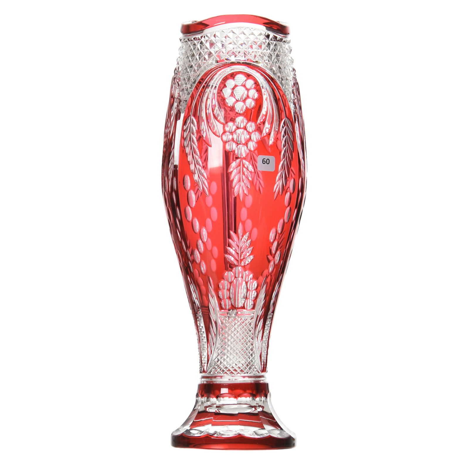 Vase, Val St. Lambert: One of A Kind Vase by Val St. Lambert, 19.75" Cranberry Cut to Clear, Engis Pattern, Art Deco Style of Joseph Simon, Artist Signed Jean Pire Pu (P.U. Piece Unique); Circa Post 1975