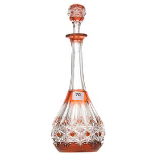 Cordial Decanter, Val St. Lambert: Cordial Decanter by Val St. Lambert, BPCG, 11" Amber Cut to Clear, Marx Pattern, Legagneux Shape, Circa 1920, Matching Numbers on Bottle & Stopper