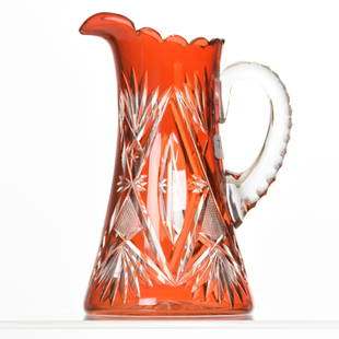 Water Pitcher, Val St. Lambert: Water Pitcher by Val St. Lambert, BPCG, 8.5" Amber Cut to Clear, Design 3247/17, Heroique Shape, circa 1908, Triple Notched Handle, Ray Cut Base