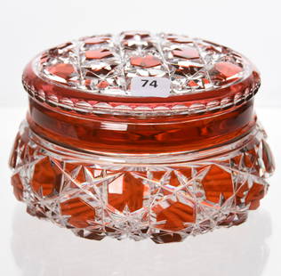 Covered Bonbon, Val St. Lambert: Covered Bonbon by Val St. Lambert, BPCG, 4" X 6.5" Amber Cut to Clear, Design S/101 Venus, circa 1925, Completely Cut Hobnail & Star Motif, Surface Chip on Rim of Lid