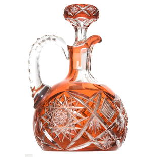 Ship's Decanter, Val St. Lambert: Ship's Decanter by Val St. Lambert, BPCG, 8" Amber Cut to Clear, Design 3863/17, Bulbous Shape, Circa 1908, Triple Notched Handle, Hobstar Base, Matching Numbers on Bottle & Stopper