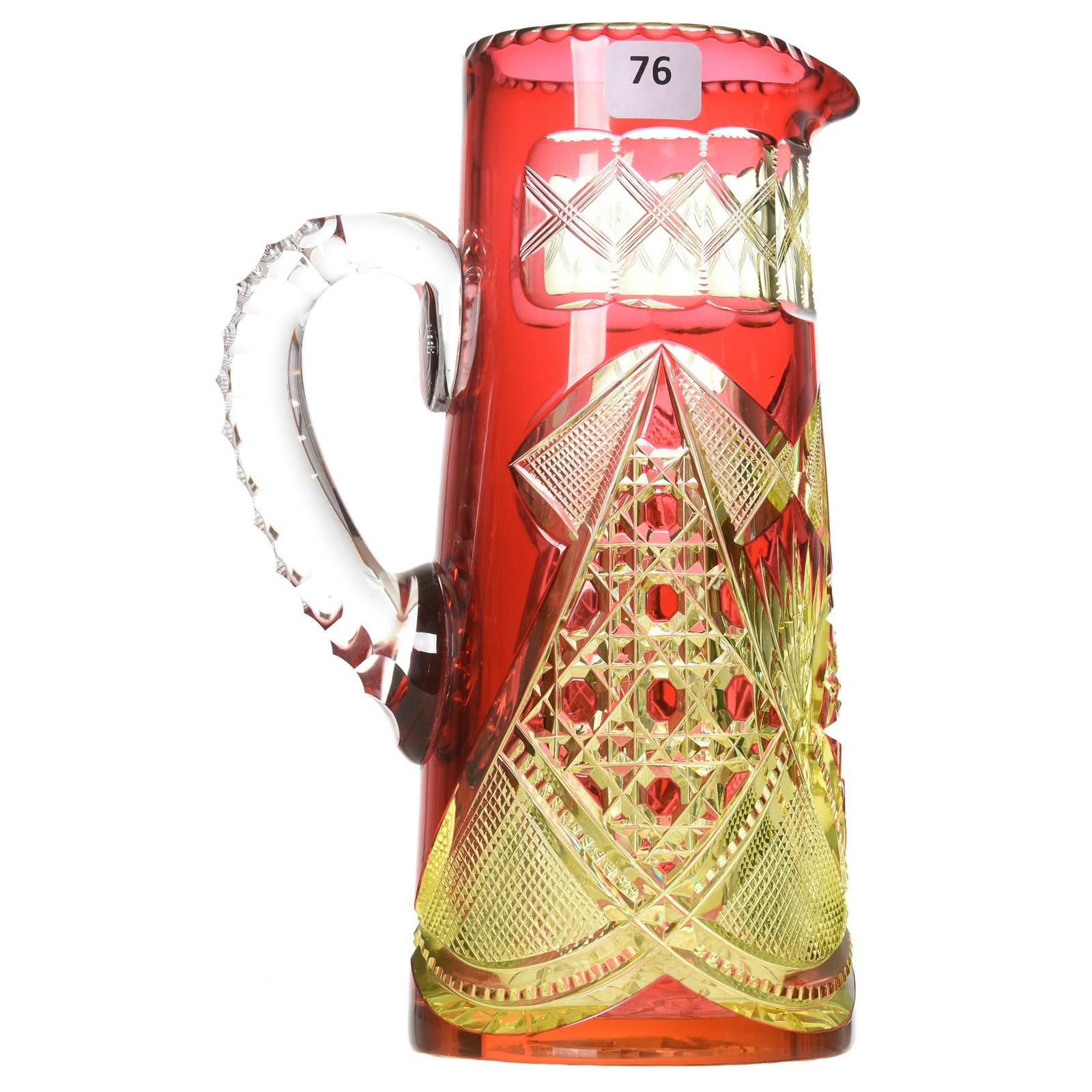 Water Pitcher, Val St. Lambert: Exquisite Water Pitcher by Val St. Lambert, BPCG Cranberry Cut to Vaseline, Dominique Pattern, circa 1900, Hobstar Base, Clear Triple Notched Handle; Featured on Front Cover of VSL Pictorial Compendiu