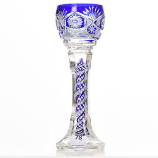 Heavy Wine Stem, Val St. Lambert: Heavy Wine Stem by Val St. Lambert, BPCG, 7.5" Cobalt Blue Cut to Clear, Baltic Pattern, Circa 1910, White & Blue-Ribbon Swirl Stem