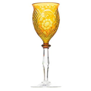 Wine Stem Attributed to Stevens & Williams: Wine Stem Attributed to Stevens & Williams, BPCG, 8" Amber Cut to Yellow Cut to Clear, Engraved Floral Fields with Diamond Highlights; Clear Stem & Ray Foot