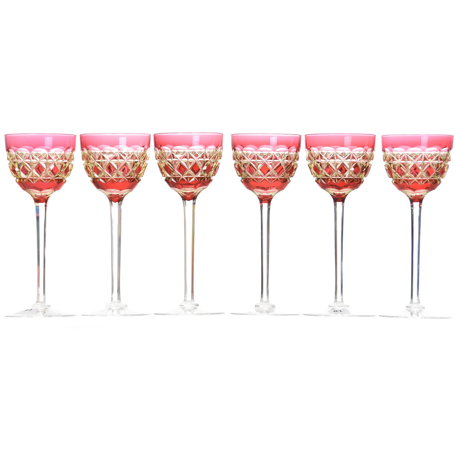 (6) Wine Stems, Val St. Lambert: (6) Wine Stems by Val St. Lambert, BPCG, 7.5" Cranberry Cut to Vaseline, Carlton Pattern, circa 1925, Clear Stem, Ray Cut Base