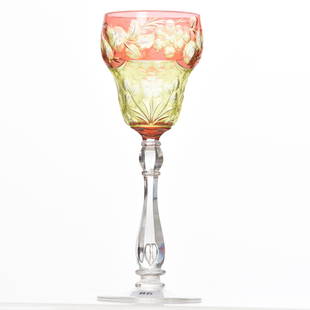 Wine Stem, Unknown Cutter: Wine Stem, Unknown Cutter, BPCG Cranberry Cut to Yellow Cut to Clear, Engraved Fruit & Floral Motif, Clear Stem with Ray Foot