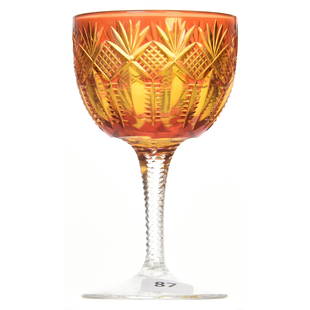 Wine Stem Straus, Prismatic Pattern, ABCG: Wine Stem Straus, Prismatic Pattern, ABCG, 4.75" Cranberry Cut to Yellow, Clear Notched Stem, Ray Cut Foot; Split Vesica, Diamond & Fan Motif, Featured pg 7 of ACGA Straus-Macy Catalog Reprint;