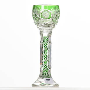 Heavy Wine Stem, Val St. Lambert: Heavy Wine Stem by Val St. Lambert, BPCG, 7.5" Green Cut to Clear, Baltic Pattern, Circa 1910, White & Green Ribbon Swirl Stem