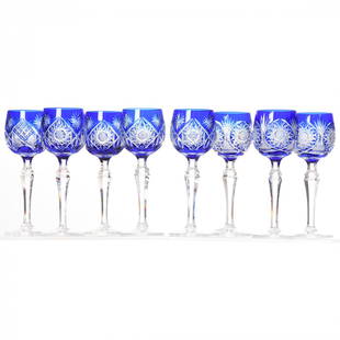 (8) Wine Stems, Val St. Lambert: FULL DESCRIPTION UPDATE 9/16, (3) 8.25" Cobalt Blue, Hobstar, Strawberry Diamond, and Fan Motif; Linder Pattern, circa 1910, Notched Stem, Ray Cut Foot; (5) 8.25" Cobalt Blue, Hobstar, Cross Cut