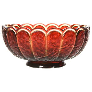 Bowl, Stevens & Williams: Bowl by Stevens & Williams, BPCG, 4.5" X 10" Outstanding Deep Cranberry Cut to Yellow, Melon Ribbed with Quality Engraved Blossom & Branch Motif; Must See!