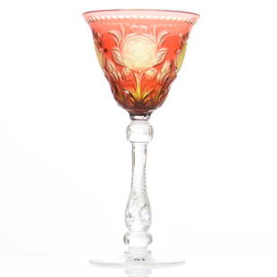 Wine Stem, Stevens & Williams: Wine Stem by Stevens & Williams, BPCG, 7.75" Cranberry Cut to Yellow, Engraved Acanthus Buds with Clear Pattern Cut Stem, Ray Cut Foot, Circa 1900